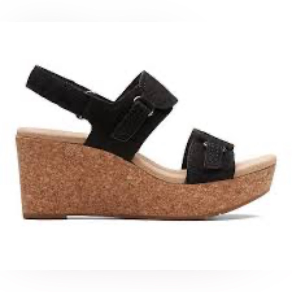 Clarks Black Rose Lane Black Slingback Platform Wedge Sandals w/straps Size 7.5 - Picture 7 of 15